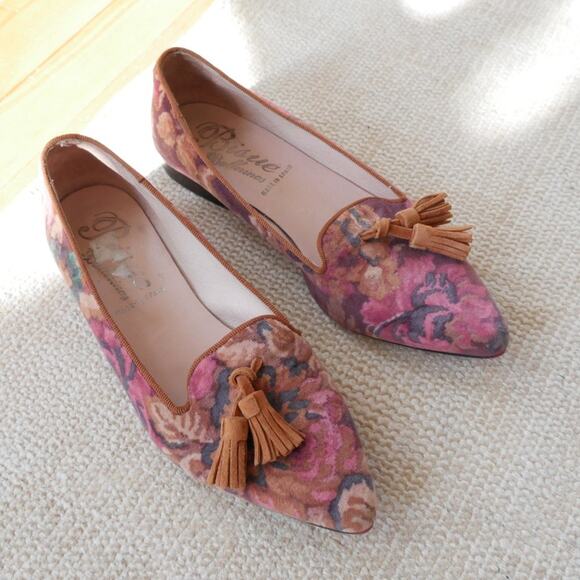 Anthropologie Bique Ballerinas | Velvet loafer pointed toe floral suede trim siz - Picture 10 of 13
